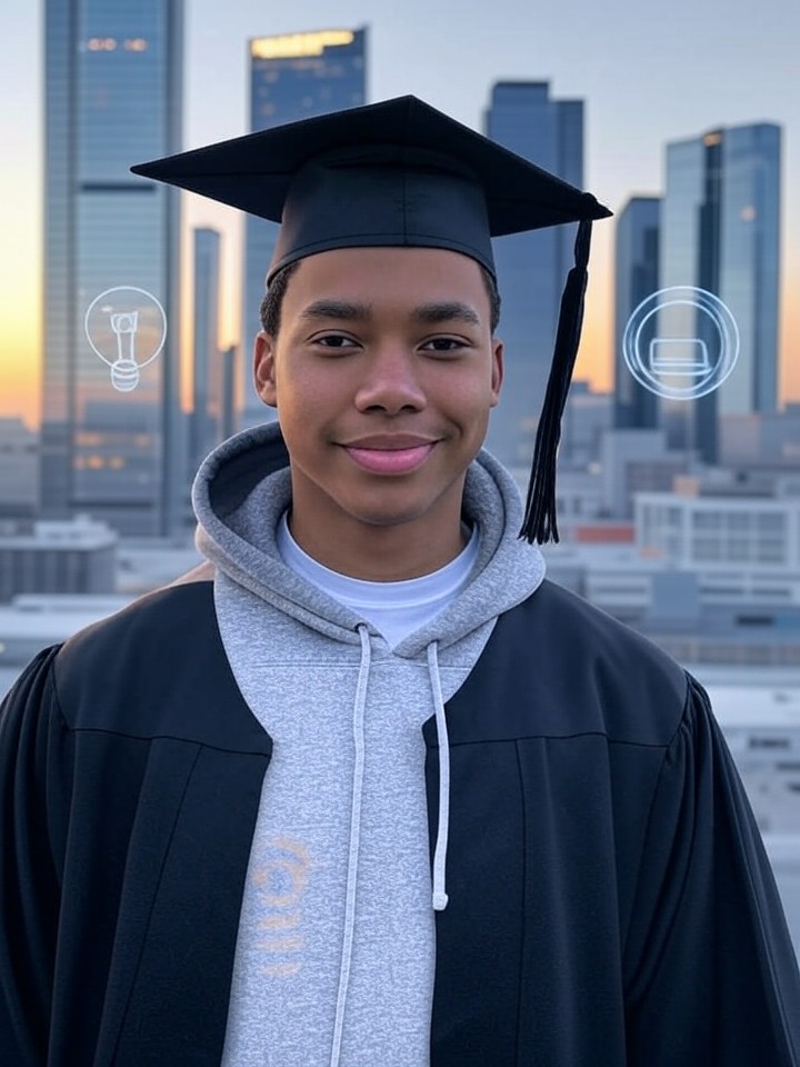 Short (accessibility-friendly, ~125 chars): Young startup founder half in graduation gown, half in hoodie before a modern digital skyline with lightbulb, laptop and rocket SEO-optimized (longer): Confident young startup founder split between graduation gown and casual hoodie, standing before a sleek digital city skyline with lightbulb, laptop and rocket icons and recognizable startup logos like Facebook and Apple, conveying modern, aspirational success.