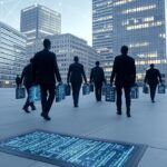 Modern illustration: "European banks plan to cut 200,000 jobs" — iconic Deutsche Bank, BNP Paribas and Santander buildings fade into the background while stylized employees walk away, briefcases dissolving into digital code and circuit-like patterns, overlaid with a glowing neural network to symbolize AI automation; clean, muted palette and balanced professional composition.