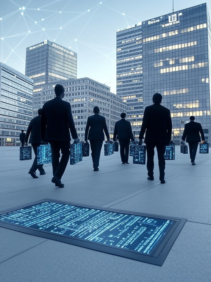 Modern illustration: "European banks plan to cut 200,000 jobs" — iconic Deutsche Bank, BNP Paribas and Santander buildings fade into the background while stylized employees walk away, briefcases dissolving into digital code and circuit-like patterns, overlaid with a glowing neural network to symbolize AI automation; clean, muted palette and balanced professional composition.