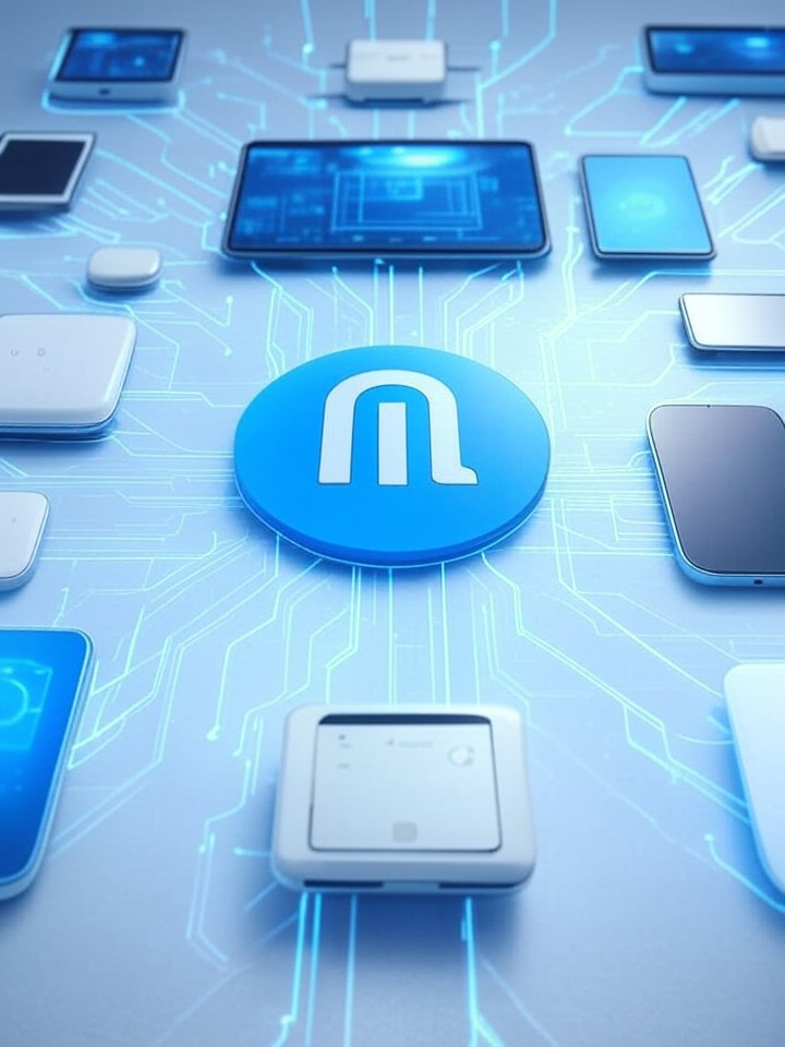 Here are two SEO-friendly alt text options you can use: 1) Recommended (SEO-focused, balanced length): "Arm logo and central Arm chip radiating glowing connections to edge AI devices — smart sensors, drones and IoT devices — on a blue-and-white circuit-patterned background, illustrating the future of AI at the edge." 2) Short (concise for strict length limits): "Arm logo with central chip connecting smart sensors, drones and IoT devices on a blue-and-white circuit background, illustrating AI at the edge."